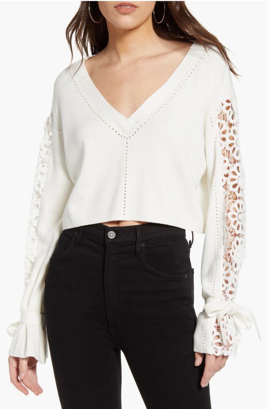 French Connection Leona Pointelle White Crochet Knit Crop Sweater Top Size XS